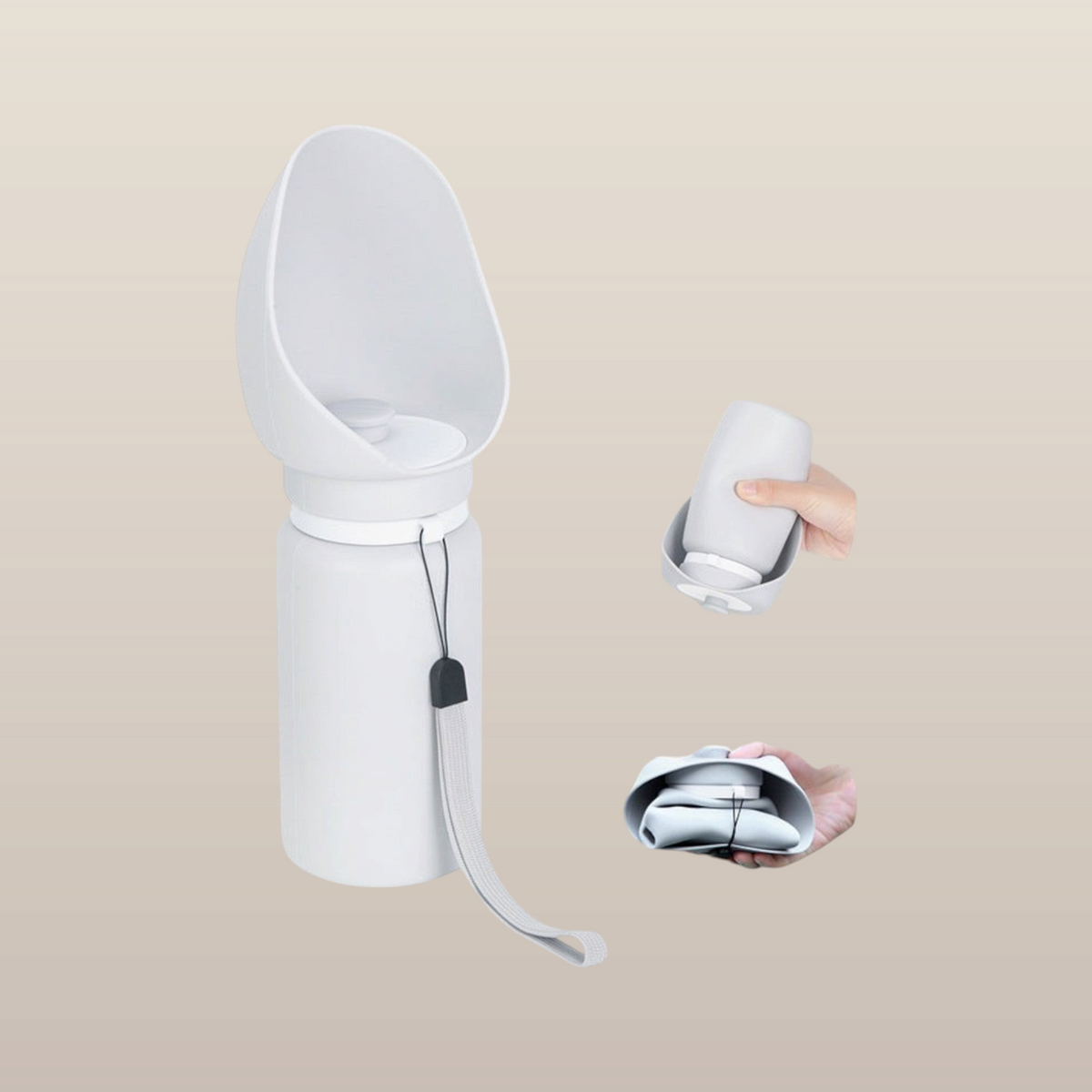 MoonRise white silicone portable water bottle with integrated drinking bowl, shown expanded and folded for travel.