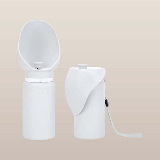 MoonRise white silicone portable water bottle with integrated drinking bowl for travel and pet hydration