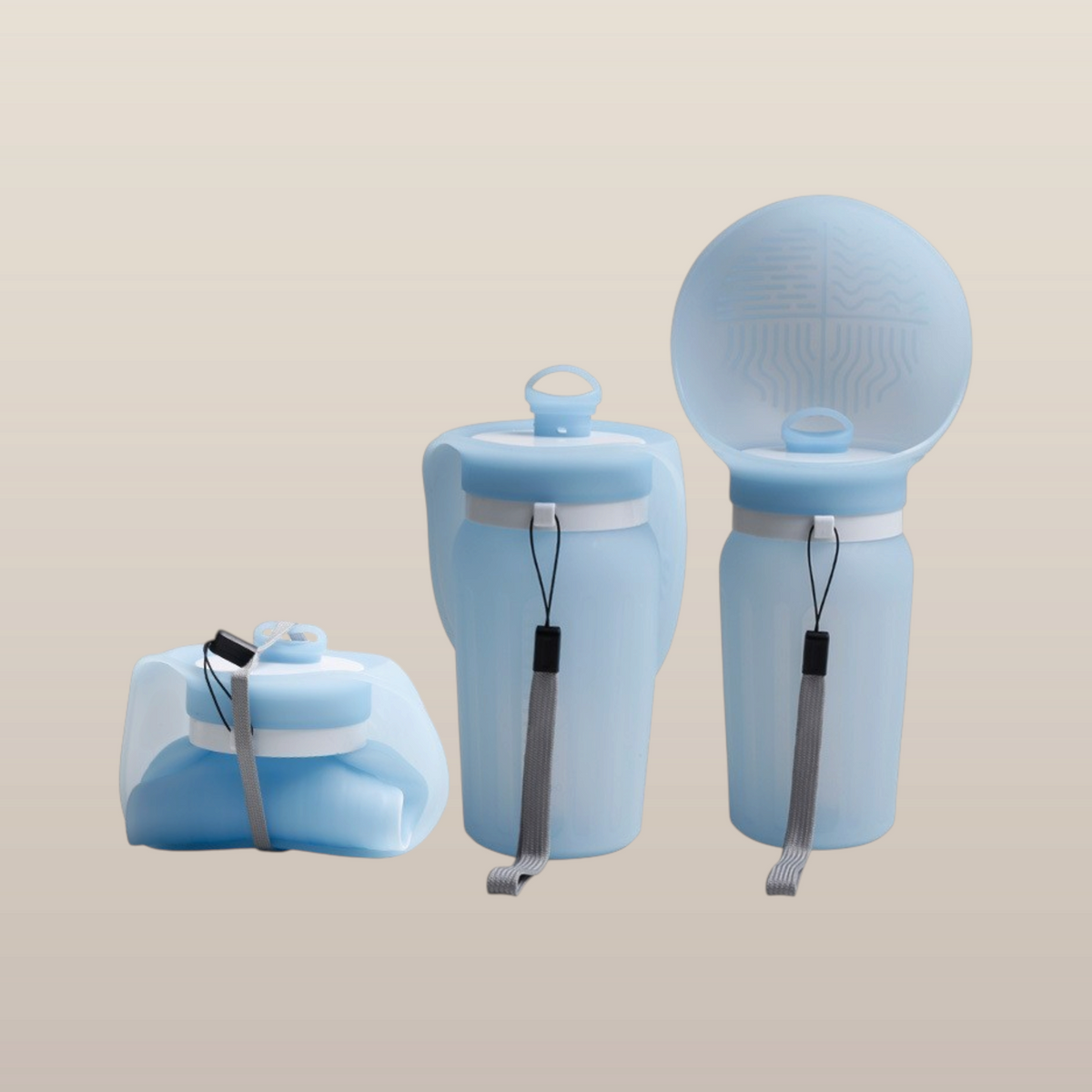 MoonRise light blue collapsible silicone water bottle with integrated pet bowl, shown folded and expanded.