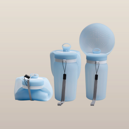MoonRise light blue collapsible silicone water bottle with integrated pet bowl, shown folded and expanded.
