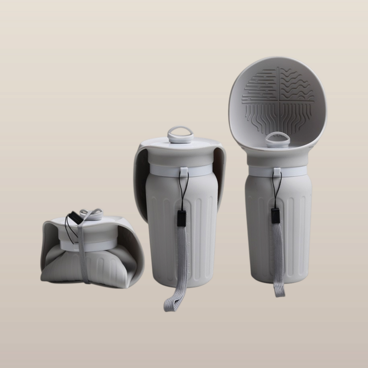 MoonRise grey silicone portable water bottle shown folded, partially extended, and fully open with a drinking bowl.