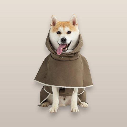 MoonRise Lulu ultra-soft French Taupe raincoat worn by a happy Shiba Inu dog with a hood up