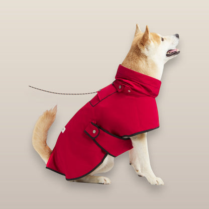 MoonRise Lulu ultra-soft red dog raincoat with black trim worn by a Shiba Inu dog in profile view